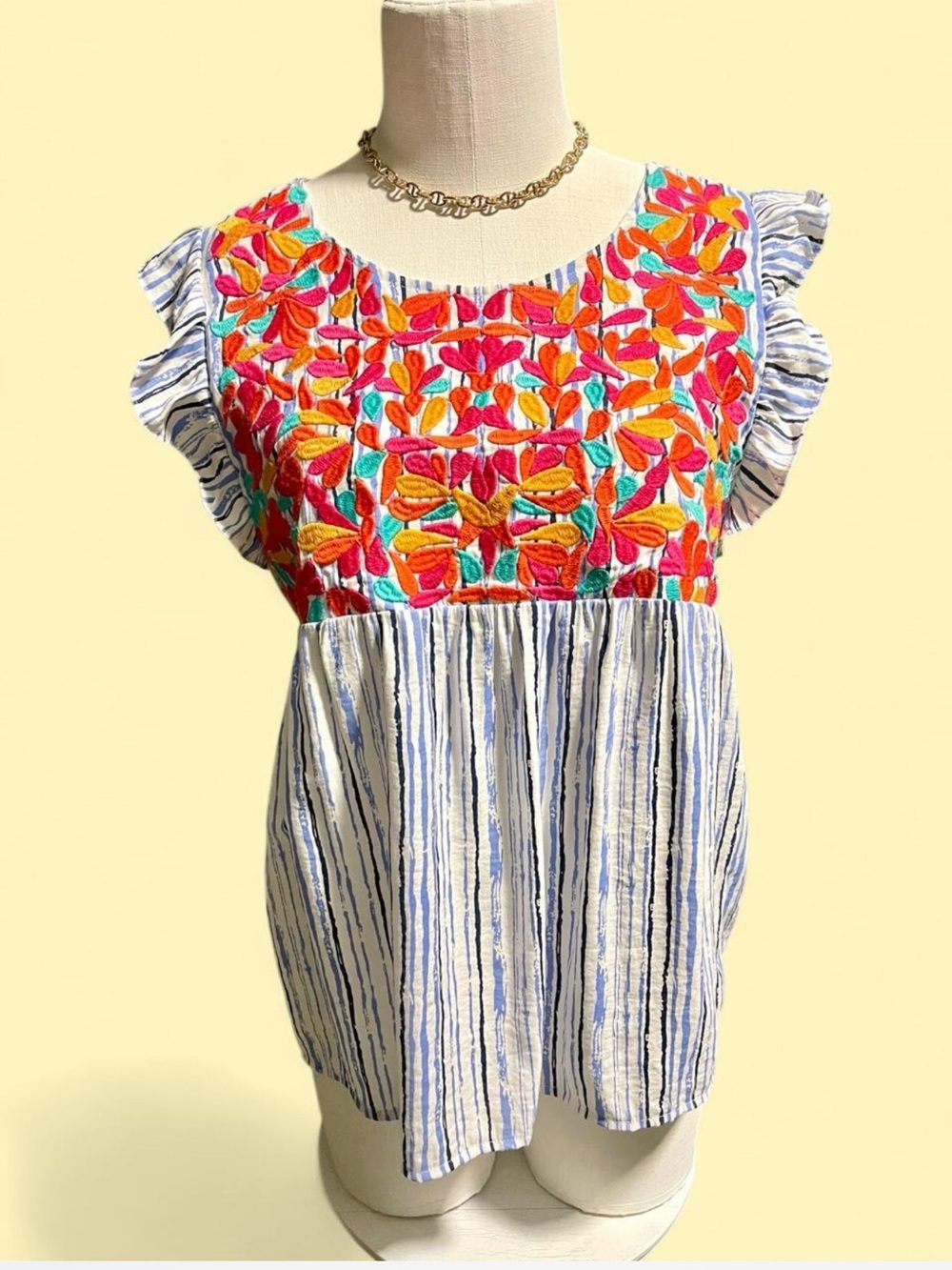 THML Embroidered Floral Yoke Striped Flutter Sleeve Top - Red Multi